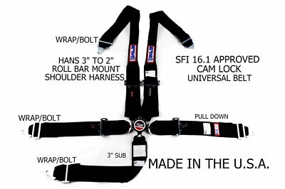 RJS RACING SFI 16.1 5PT HANS CAM LOCK ROLL BAR MOUNT BELT BLACK 1047201