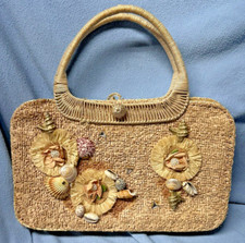 Vintage 50s Raffia Straw Woven Purse Bag Tote Boho Shells Japan Wicker Handle