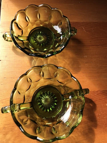 Pair of Vintage Avocado Green Anchor Hocking Handled Candy or Trinket Dishes