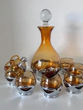 Farber Bros Krome Kraft Amber Decanter w/Stopper, 5 Glasses, Salt & Pepper Lot