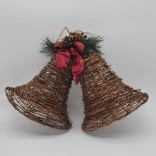 Vintage 1970s Christmas Ornament Large Rattan Bells With Red Bow  Pinecones