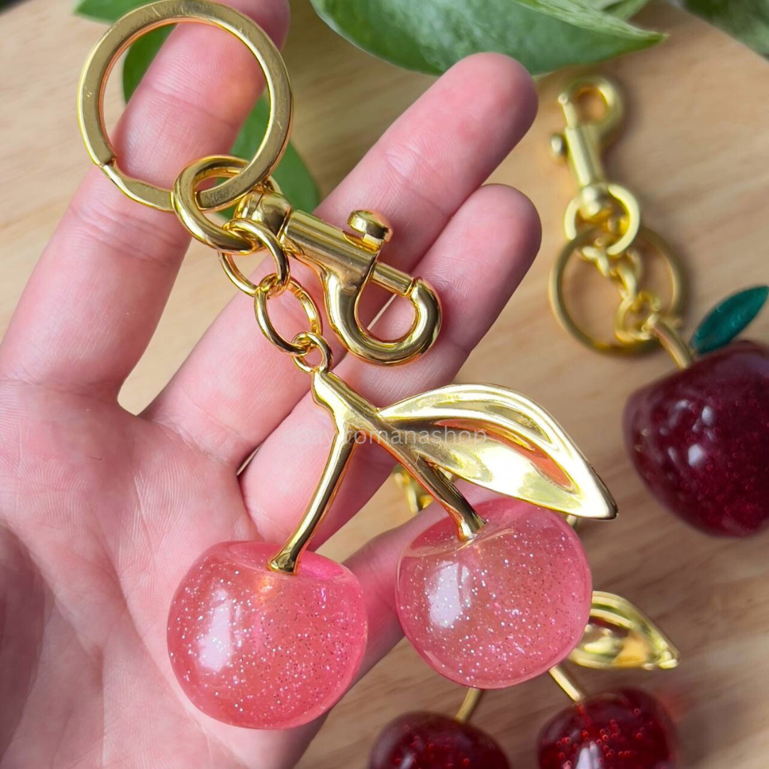 Luxury Bag Charm Cute Fruit Purse Charm Glitter Cherry Strawberry Apple Keychain