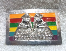 Rhinestone Filled Gemini Twins 2 Bikini Clad Women Buckle Rainbow Background VTG