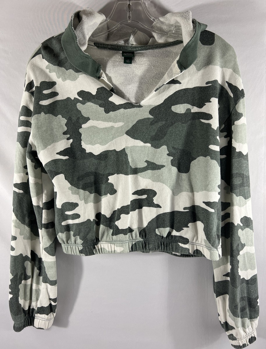 Women's Size M Cropped Green Camo Sweatshirt Gathered Hoodie 100