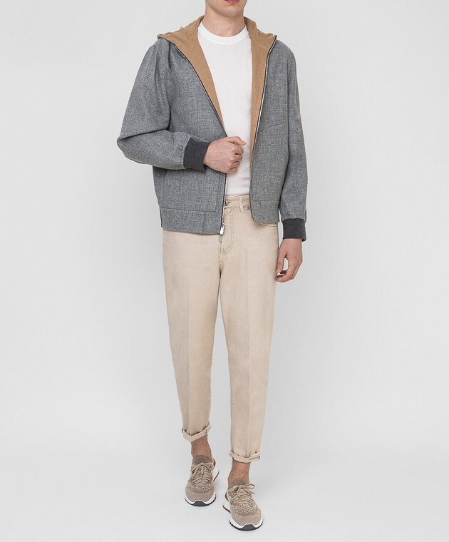 $6495 BRUNELLO CUCINELLI Reversible Tan Gray Cashmere Hooded $6495 BRUNELLO CUCINELLI Reversible Tan Gray Cashmere Hooded