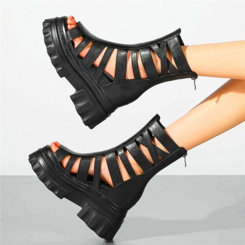 Sandalias Punk Góticas Gladiador Mujer Cuero de Vaca Verano Botas de Plataforma Tacones Altos - Imagen 5 de 10