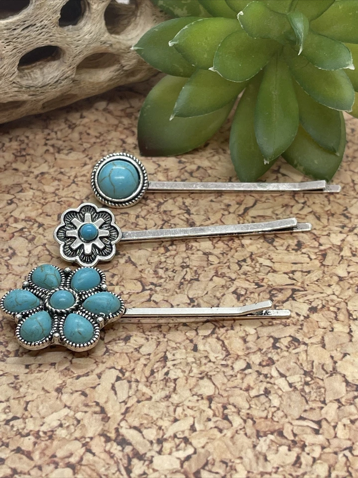 JUEGO 3 pinzas para el cabello plateadas del suroeste occidental turquesa AZUL REGRESO A LA ESCUELA Foto 2 de 4