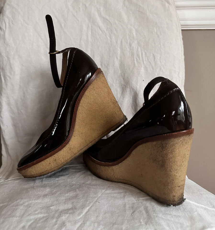 YVES SAINT LAURENT YSL charol correa al tobillo crepé cuña zapatos talla 38 Foto 2 de 4