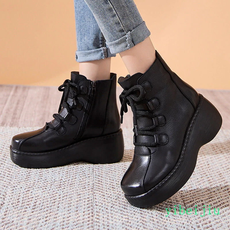 Women's Mid Wedge Heel Platform Ankle Boots Lace Up Real Leather Shoes Wide Foot - Image 4 of 4