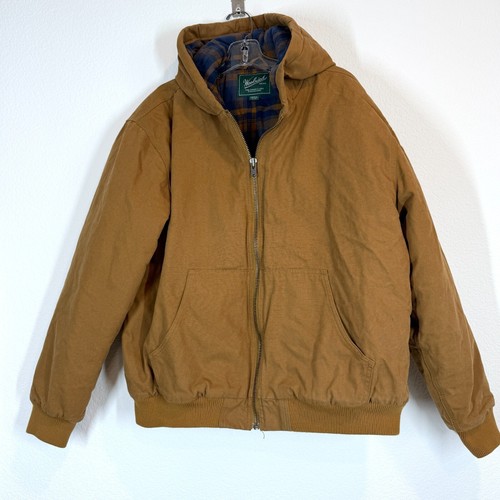 Woolrich Jacket XL Mens Large Brown Canvas Flannel Lined Hooded Barn Chore Coat - Picture 2 of 12