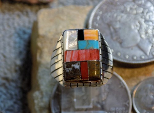 Mens Ring Sterling Kingman Turquoise multi stone Navajo Trevor Jack Size 9 3/4 - Picture 5 of 7
