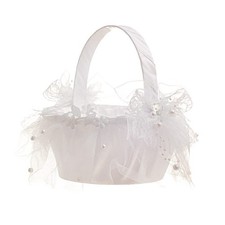 Wedding Flower Girl Basket, White Lace Flower Basket with Pearl, Elegant Sati...