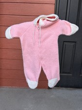 1970  s Vintage SEARS Pink Newborn Fleece Sherpa One Piece Footed Hoodie w/Zipper