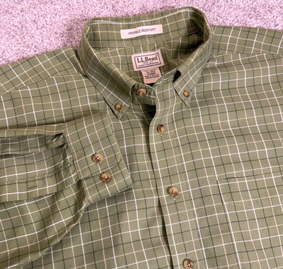 LL Bean Shirt Men XL Reg Green Gingham Check Long Sleeve 0-KHH5 Button Down