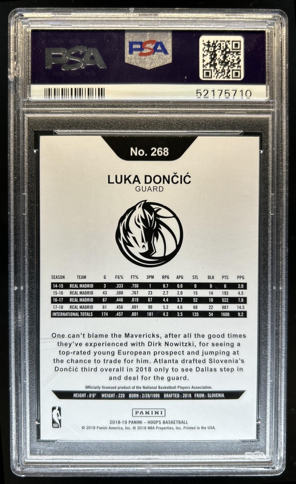 2018-19 Panini Hoops Winter Luka Doncic RC Rookie #268 Mavericks PSA 10 GEM MINT view 2
