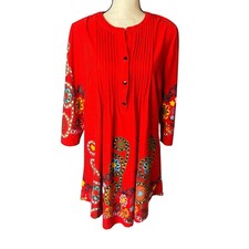 Reborn Red Boho Floral Print Tunic Dress XL 3/4 Sleeve Pleated Front Button Up