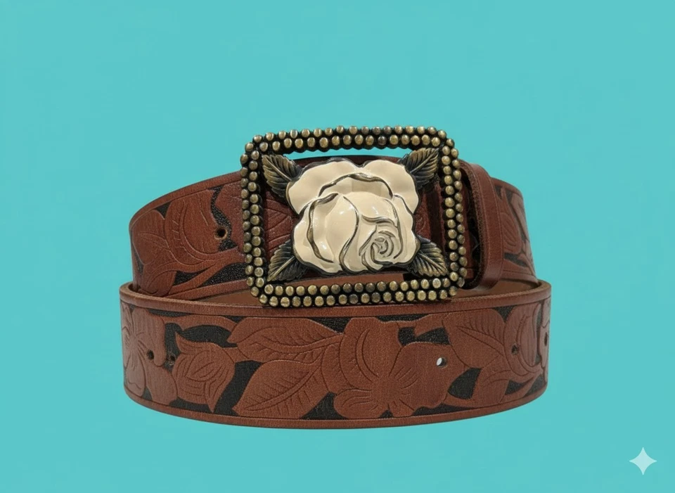 Cinturón de cuero marrón fósil blanco rosa hebilla Y2K vaquera 42" longitud total Foto 3 de 4