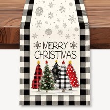 Merry Christmas Table Runner, 13x72 Inch Buffalo Plaid Merry Christmas Trees