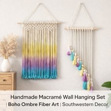 Handmade Macrame Wall Hanging Set  Boho Ombre Fringe Fiber Art  Southwestern D