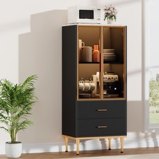 Fluted Pantry Cabinet with Glass Door 2 Drawers Modern Kitchen Storage Cabinet