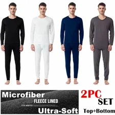 Mens Winter Ultra-Soft Fleece Lined Thermal Long John Top & Bottom Underwear Set