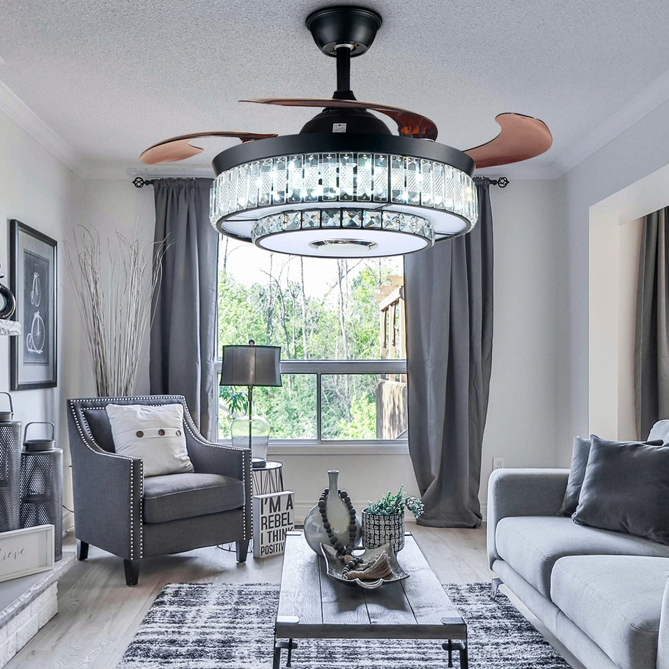 42"Dimmable 7-Color Crystal Ceiling Fan Lamp Bluetooth Speaker Chandelier+Remote - Image 2 of 4