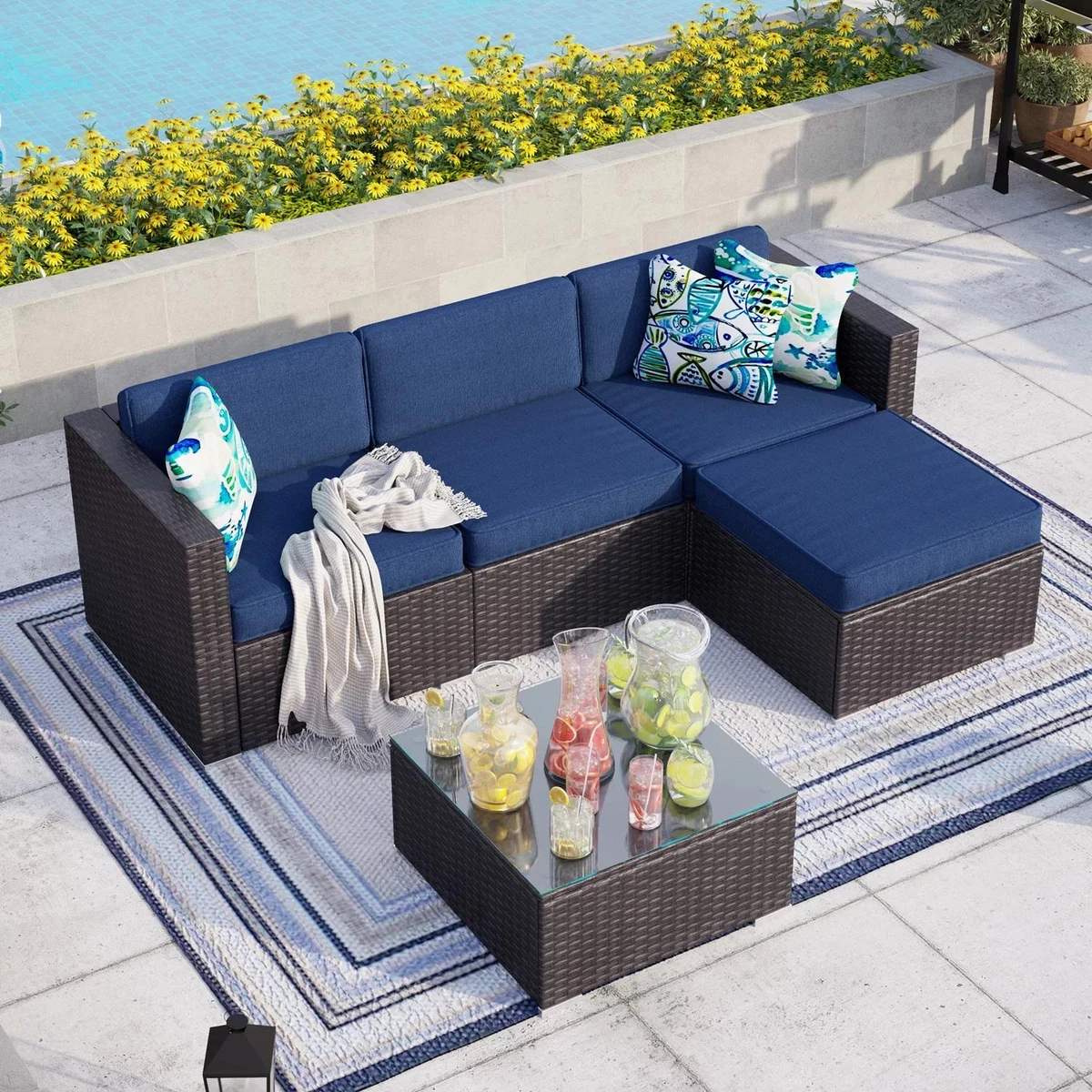 5pcs Outdoor Sectional Set Wicker Patio Sofa Set with Cushions