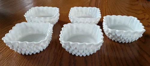 VTG LOT OF 5 FENTON HOBNAIL MILK GLASS SQUARE DESSERT NUT BOWLS 1 3/4'' TALL