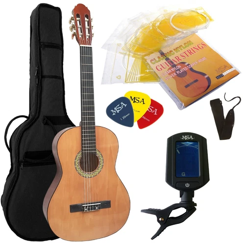 GITARRENKLASSIKER - 4/4 KONZERTGITARRE NATUR HOLZMASERUNG IM SET GITARRE TUNER