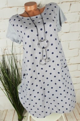 NEU LINDSAY ITALY TWO FACE LEINEN TUNIKA KLEID TUPFEN POLKA DOTS HELLGRAU 36-40