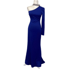 Tarik Ediz Elenora Royal Blue One Sleeve Diamond Choker Mermaid BallGown Dress S