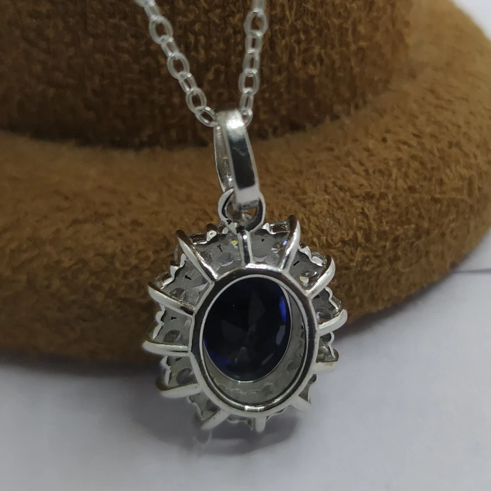 9x7mm Oval Simulierte Sapphire Halo Anhänger Halskette 925 Sterling Silber Kette - Bild 3 von 4
