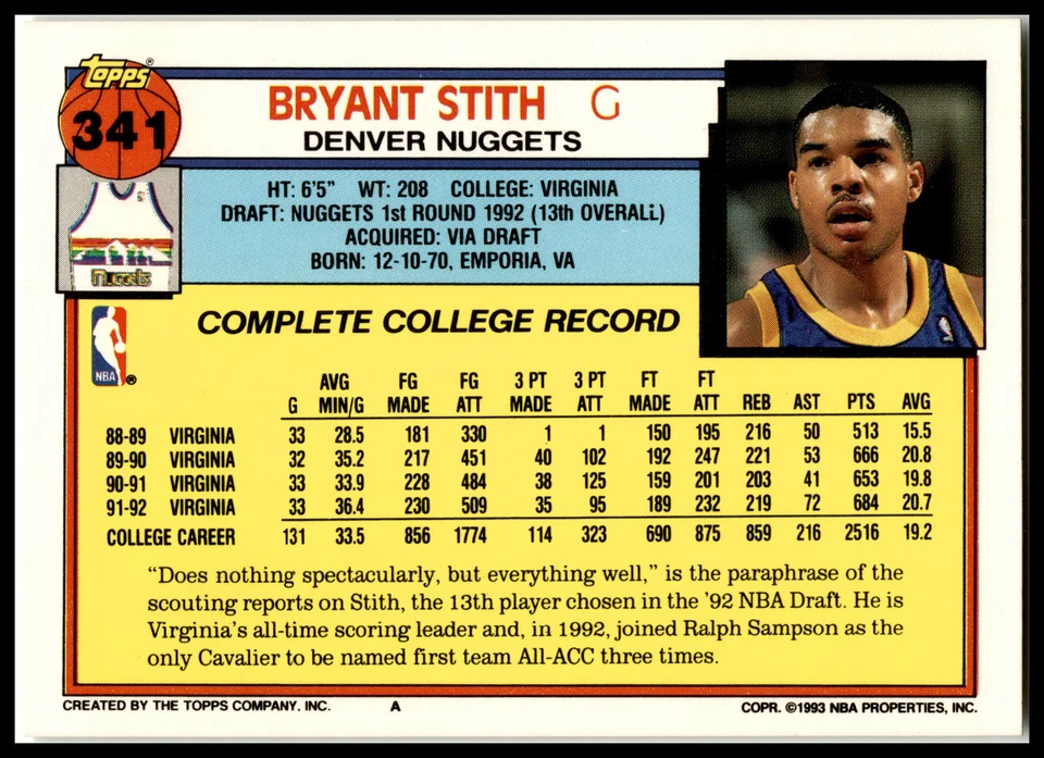 Bryant Stith #341 1993 Topps selección de draft pepitas B0126A Foto 2 de 2
