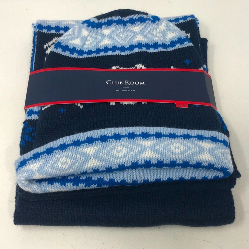 Conjunto de sombrero y bufanda Club Room Bulldog, talla OS - azul/blanco para hombre Foto 2 de 4