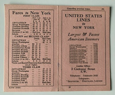 Vintage United States Lines To NY Sailing Schedule Card Steamers Leviathan ships
