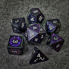 Sage's Wonders - Matte Black Purp Glitter Metal Polyhedral Dice Set DnD Games