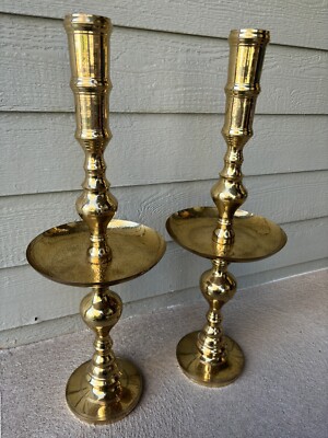 Pair of Middle Eastern Floor Height Brass Etched Candlesticks | Boho | Wedding |