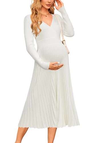 OUGES Maternity Jumper Dress Elegant Knit Casual Sweater Dress – White XL