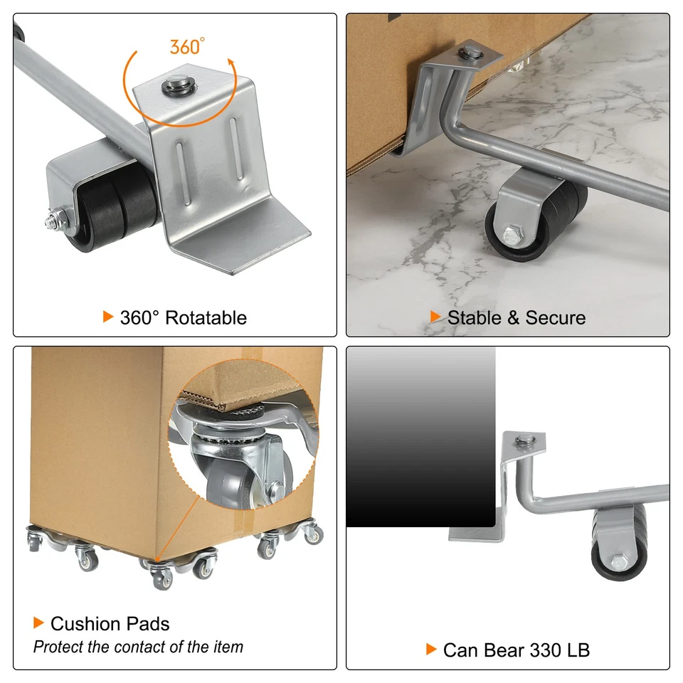 Möbelroller schwerer Möbel-Dreiecksroller mit 3 Rädern, Tragkraft 330 lb, Silber - Bild 4 von 4