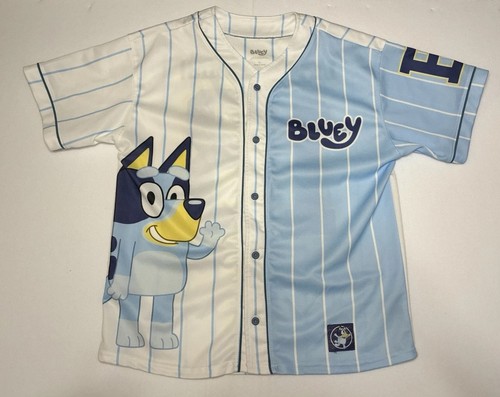 Bluey Unisex Kids Button-Up Jersey XL White Light Blue Striped Short Sleeve