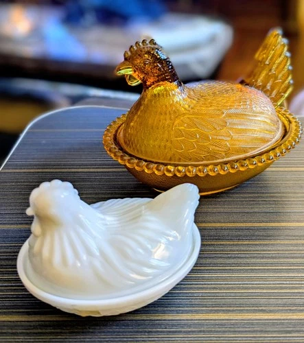 New ListingVintage Amber Glass Hen on Nest Dish/ Smaller Milk Glass Hen On Nest  Candy Dish