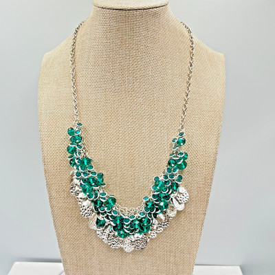 VTG Silver Tone Bib Necklace Teal Green Cluster Beads Textured Disk Statement