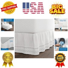 Eyelet Bed Skirt, Ruffled Design, 14 Inch Drop, Embroidered Scalloped Edge, Q...