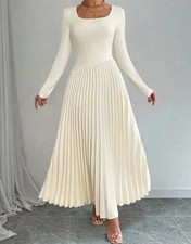 Cream Pleated Maxi Dress Long Sleeve Square Neck Size Lrg or Sm Elegant Formal