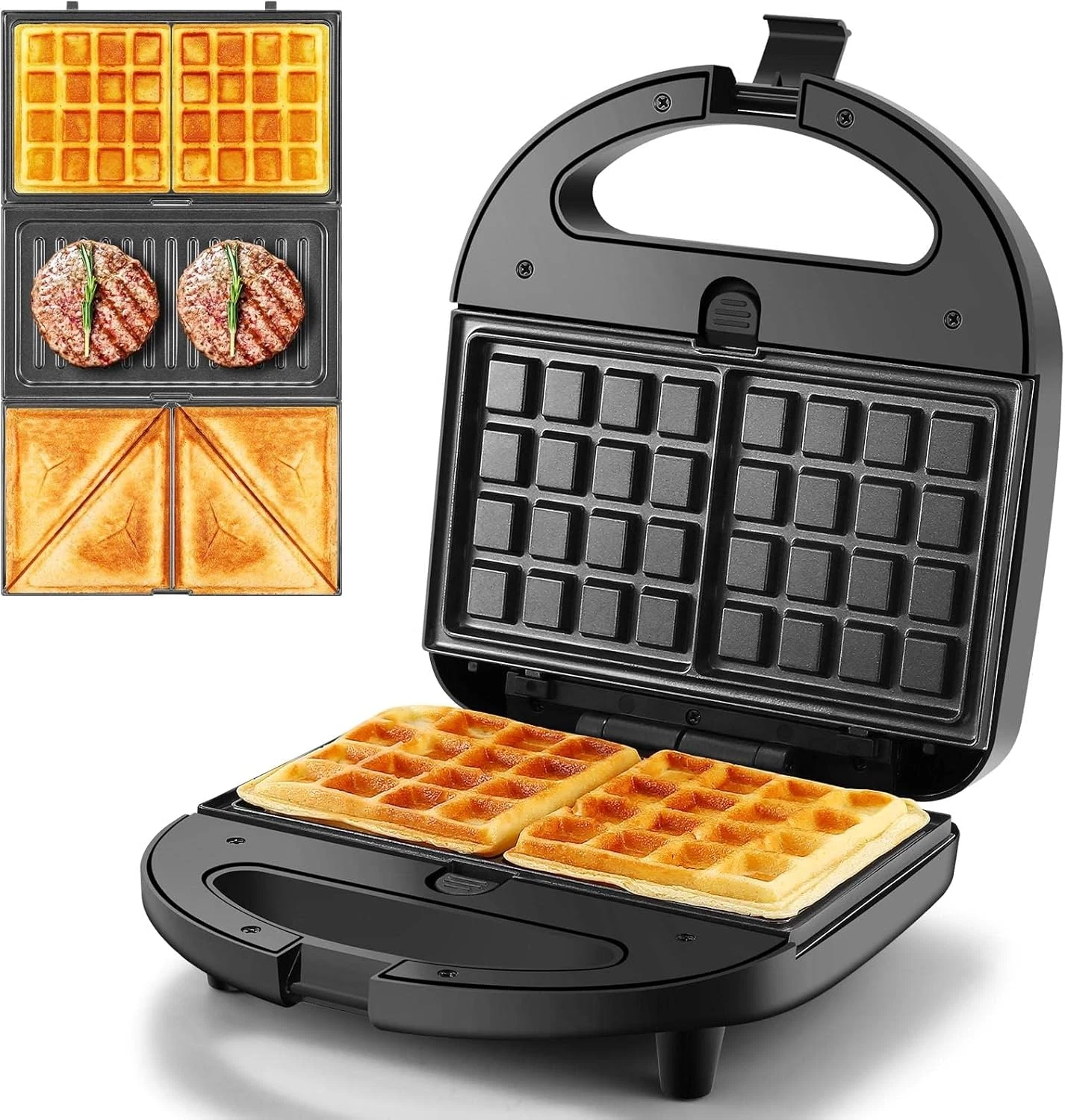 3-in-1 Sandwich Maker Panini Waffle Press Nonstick 750W Compact Black