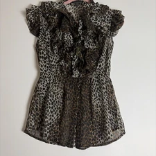Womens Twenty One Ruffle Top Shirt Medium Brown Ivory Cheetah Animal Print Cap