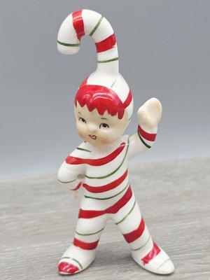 Vintage Geo Z Lefton Christmas Candy Cane Elf Pixie Red Green Ceramic