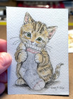 Original ACEO Watercolor & Ink Kitten Painting – Tabby with Sock – Mini Art — photo 2