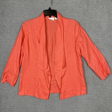 Chico's 1 Orange Open Front 100 Linen Ruched 3/4 Sleeves Blazer Lightweight