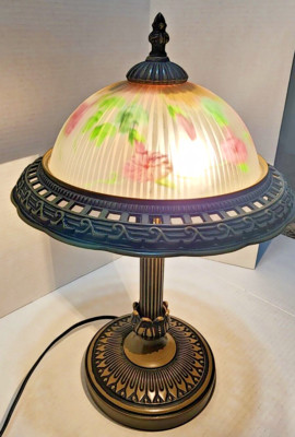 VTG Style Table Lamp Reverse painted Morning Glorys Frosted Dome Metal Base 22''